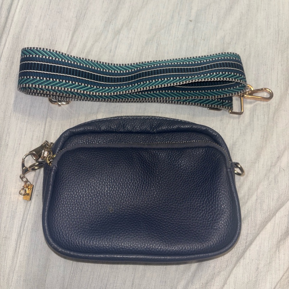 Pom Pom London Navy Blue Crossbody Bag with Patterned Strap
